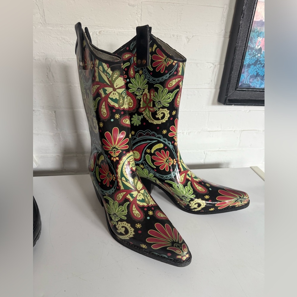 Nomad Yippy Black Red Green Floral Cowboy Rain Boots